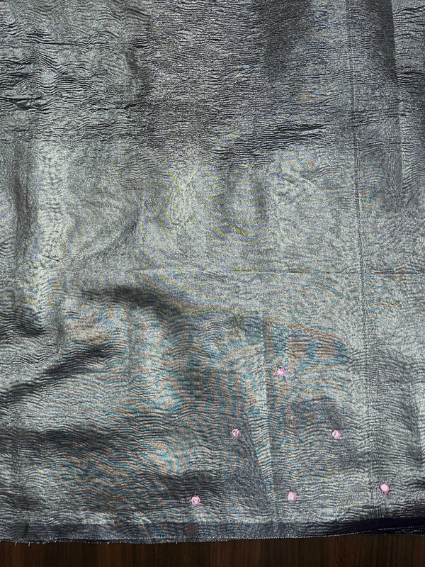 Banarasee Handwoven Crushed Tissue Saree With Mirror Work & Contrast Border-Onion Pink