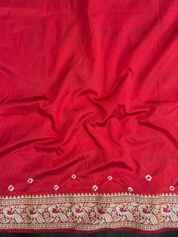 Banarasee Handloom Semi Silk Bandhej Saree With Broad Zari Floral Border-Red