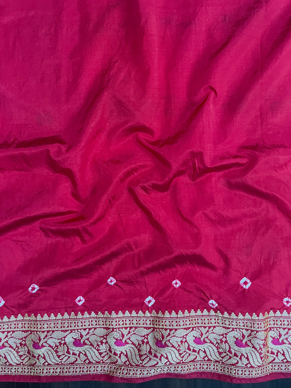 Banarasee Handloom Semi Silk Bandhej Saree With Broad Zari Floral Border-Deep Pink
