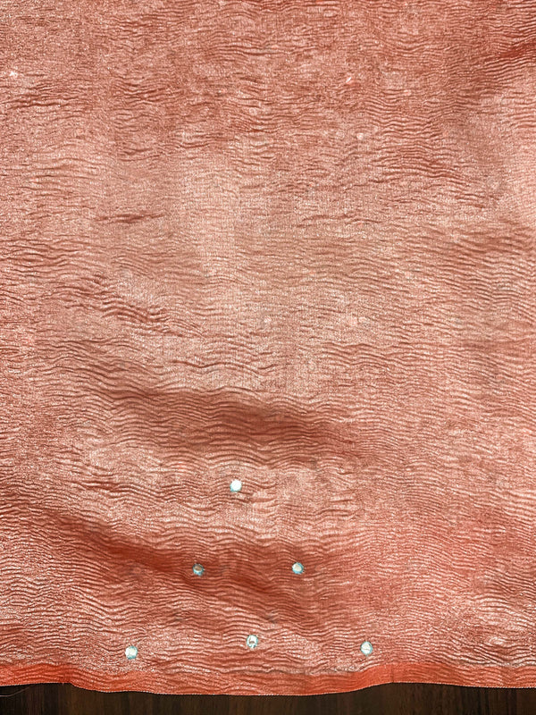 Banarasee Handwoven Crushed Tissue Saree With Mirror Work & Contrast Border-Sky Blue