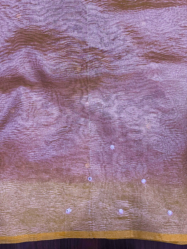 Banarasee Handwoven Crushed Tissue Saree With Mirror Work & Contrast Border-Light Pink