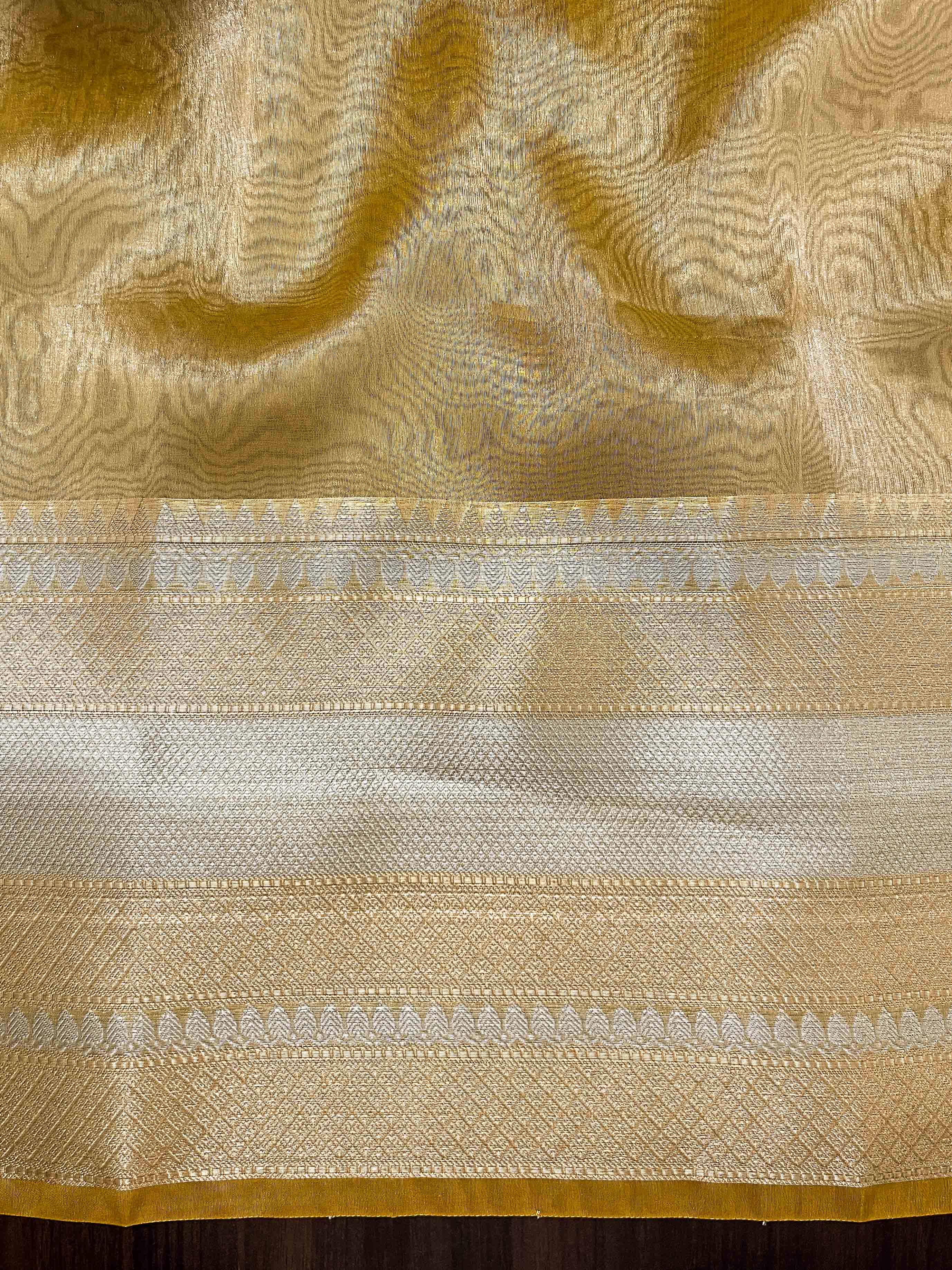 Banarasee Handwoven Dual Shade Plain Tissue Saree With Broad Zari Border & Lace-Golden Yellow