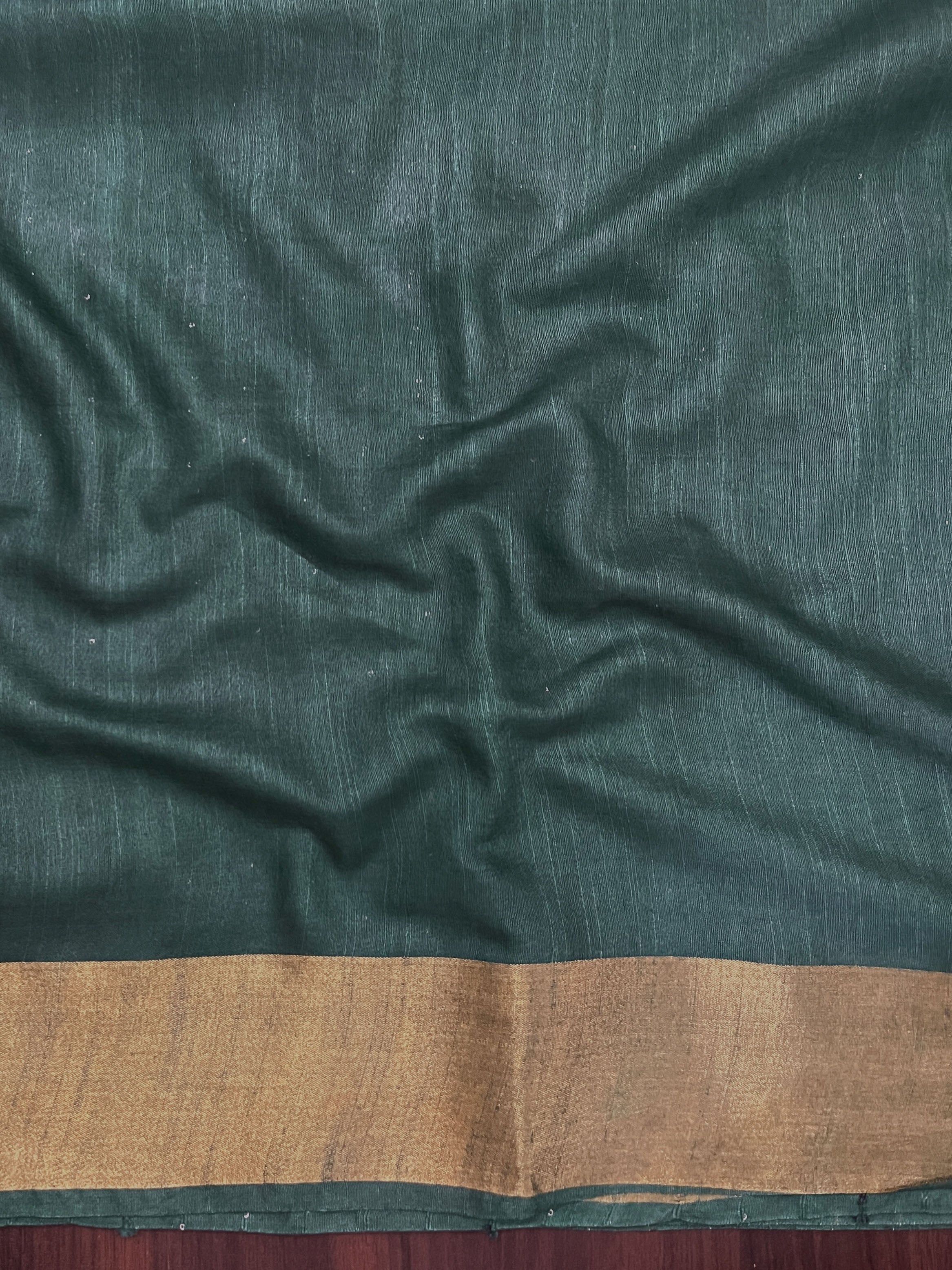 Bhagalpur Handloom Cotton Silk Saree With Gold Zari Stripes & Border-Deep Green
