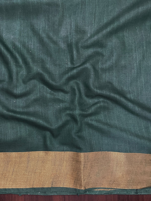 Bhagalpur Handloom Cotton Silk Saree With Gold Zari Stripes & Border-Deep Green