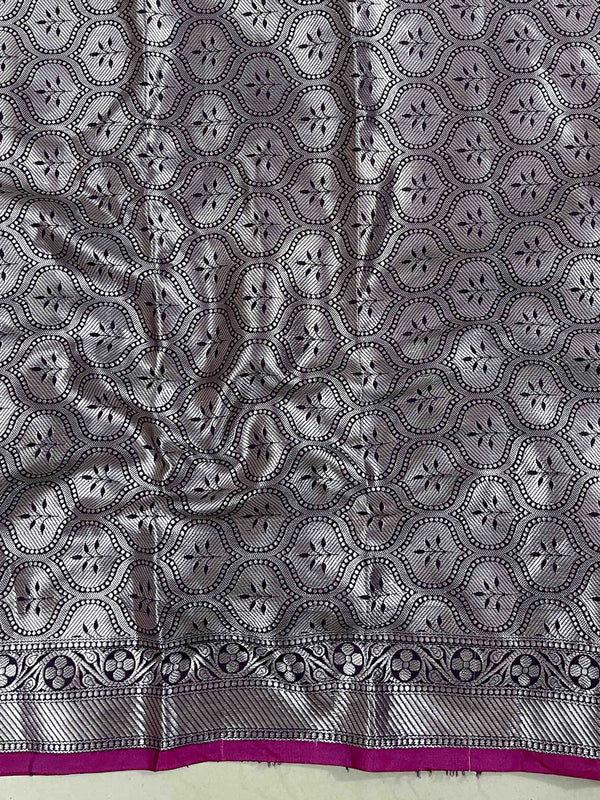 Banarasee Handloom Semi Silk Saree With Silver Zari Floral Design & Border-Dark Purple