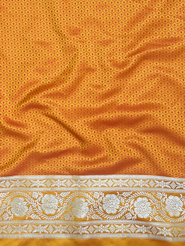 Banarasee Handloom Mashru Silk Saree With Zari Jaal Work & Floral Border-Yellow