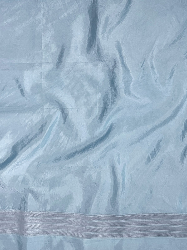 Banarasee Handloom Semi Silk Saree With Silver Zari Work Border & Lace-Light Blue