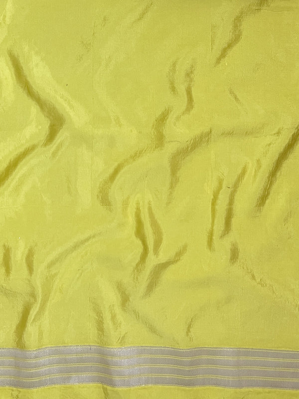 Banarasee Handloom Semi Silk Saree With Silver Zari Work Border & Lace-Lemon Yellow