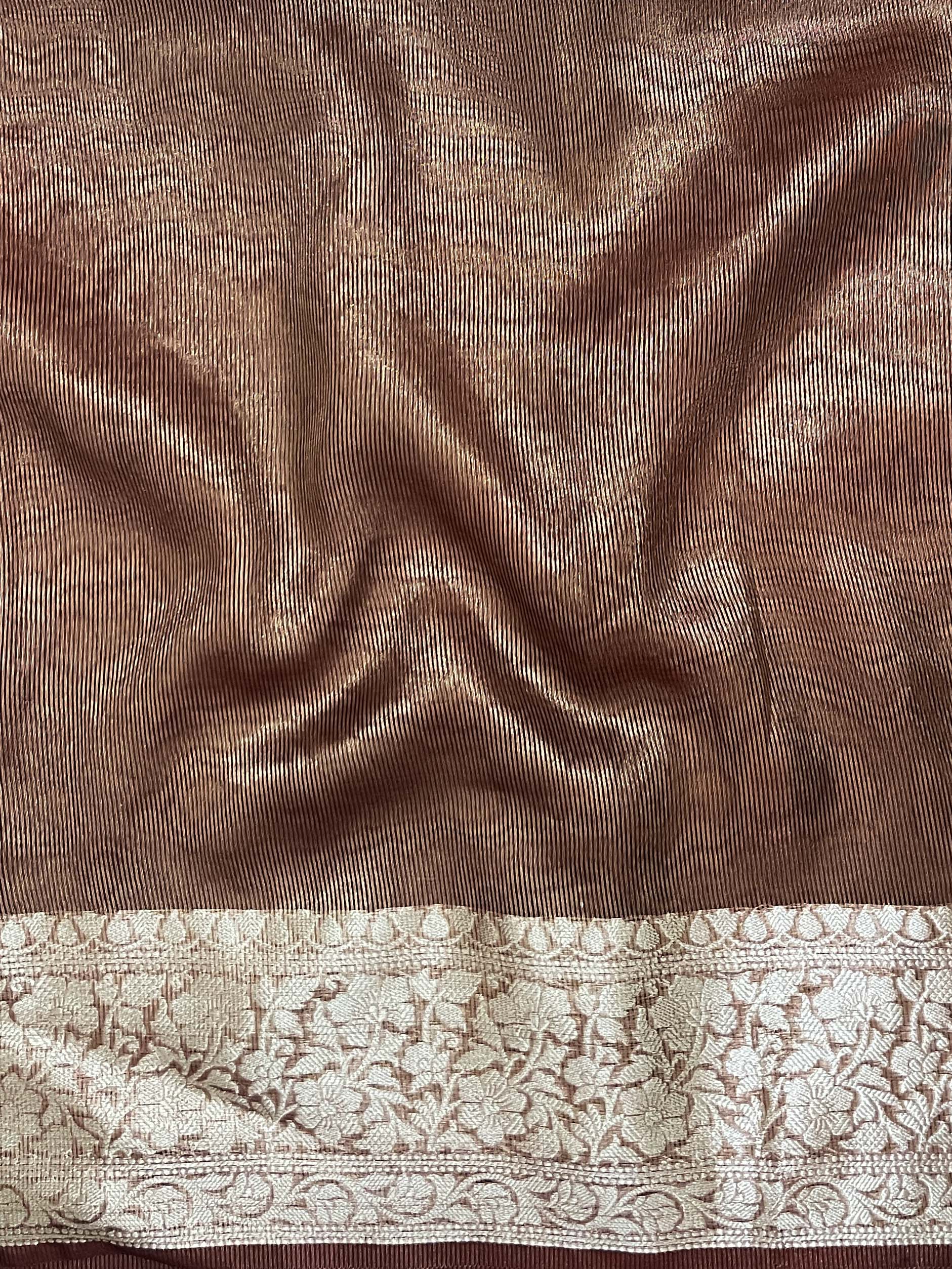 Banarasee Handwoven Plain Tissue Saree With Zari Border & Lace-Light Brown