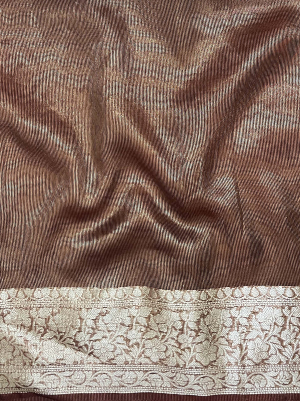 Banarasee Handwoven Plain Tissue Saree With Zari Border & Lace-Light Brown