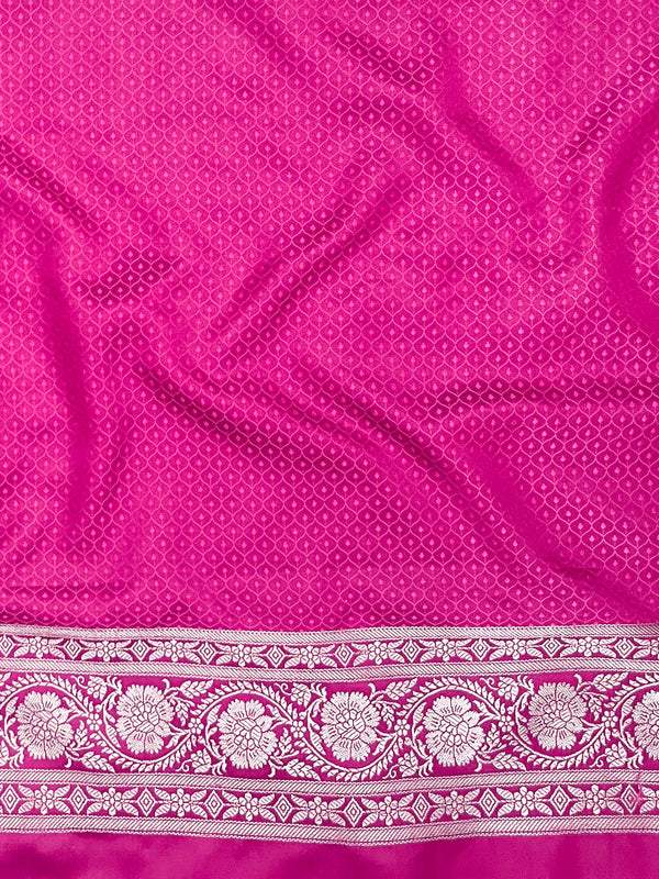 Banarasee Handloom Mashru Silk Saree With Zari Jaal Work & Floral Border-Pink