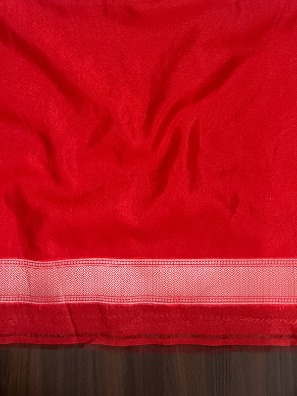 Banarasee Handloom Dupion Saree With Zari Buta Work & Contarst Border-White & Red