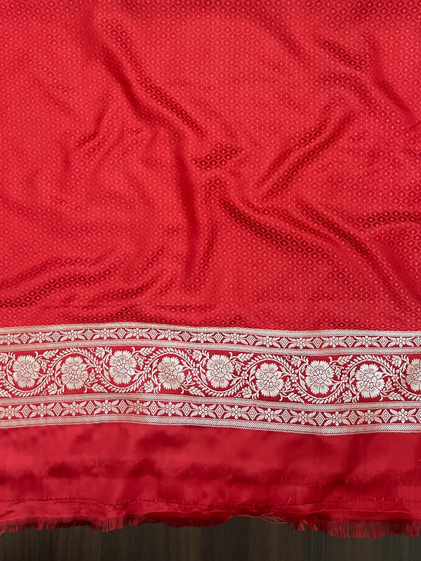 Banarasee Handloom Mashru Silk Saree With Zari Jaal Work & Floral Border-Red