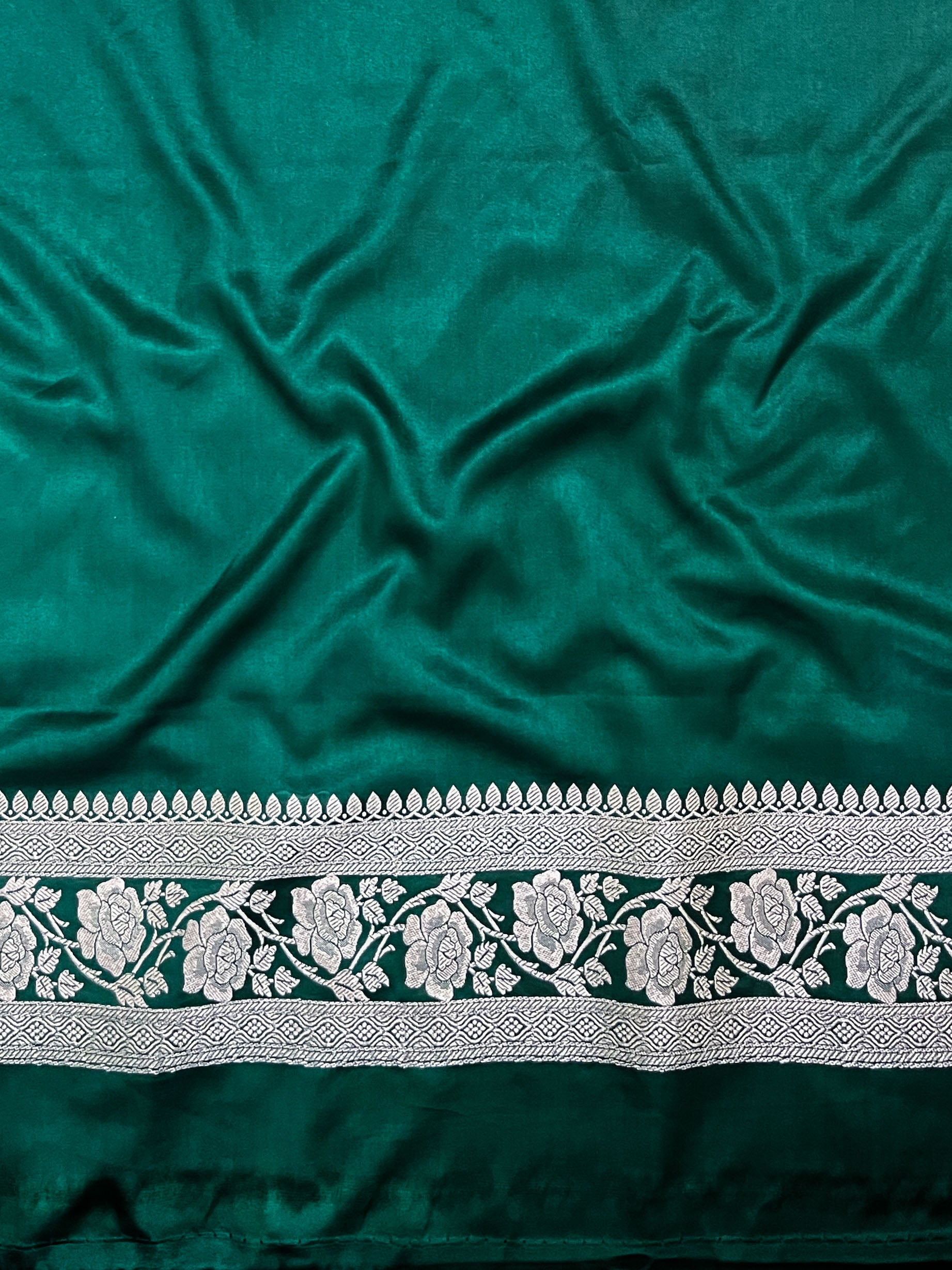 Banarasee Handloom Mashru Silk Saree With Zari Work & Floral Border-Deep Green
