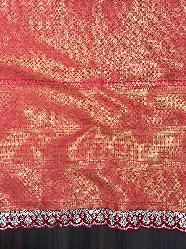 Banarasee Handwoven Tissue Saree With Zari Weaving Design & Lace-Golden Yellow
