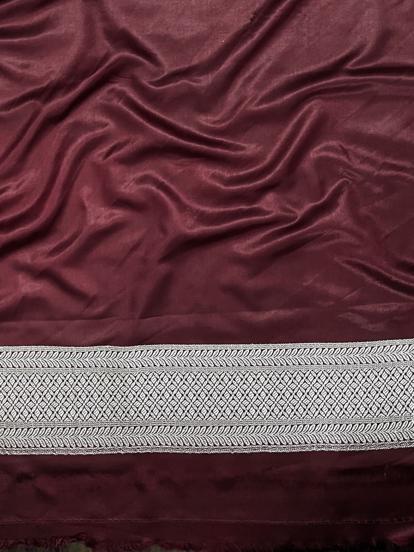 Banarasee Handloom Mashru Silk Saree With Floral Zari Jaal Work & Border-Burgundy