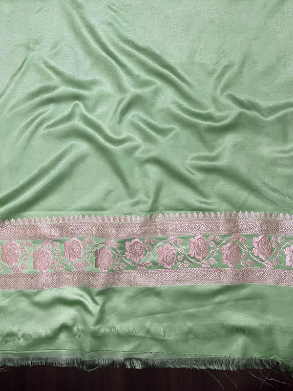Banarasee Handloom Mashru Silk Saree With Zari Work & Floral Border-Green