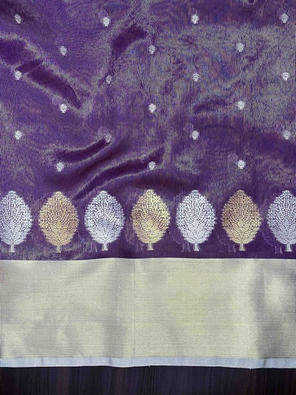 Banarasee Handloom Semi Silk Saree With Sona Rupa Zari Buti Design & Contrast Border-Violet