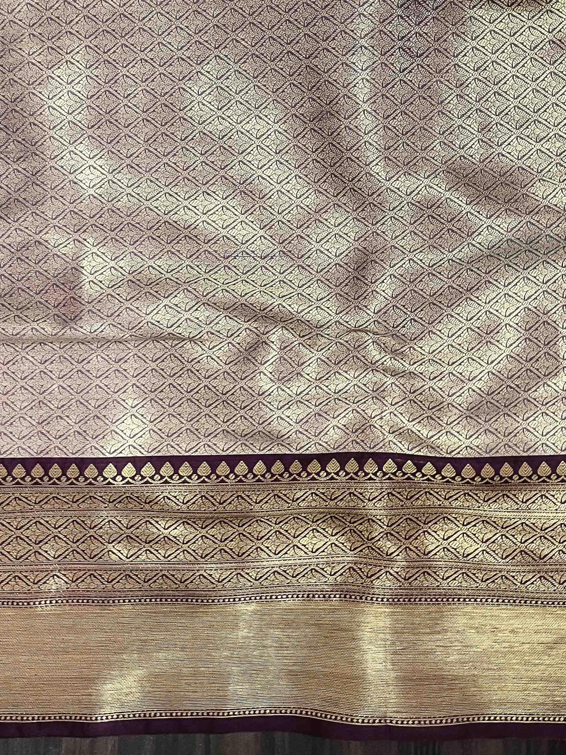 Banarasee Handwoven Tissue Saree With Zari Weaving Design Contrast Border & Lace-Beige & Brown