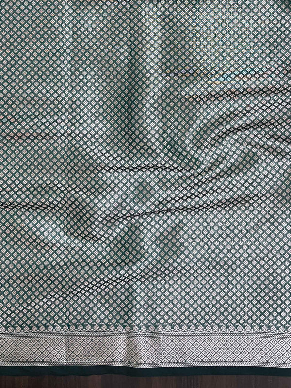 Banarasee Cotton Silk Plain Saree With Floral Zari Border-Deep Green