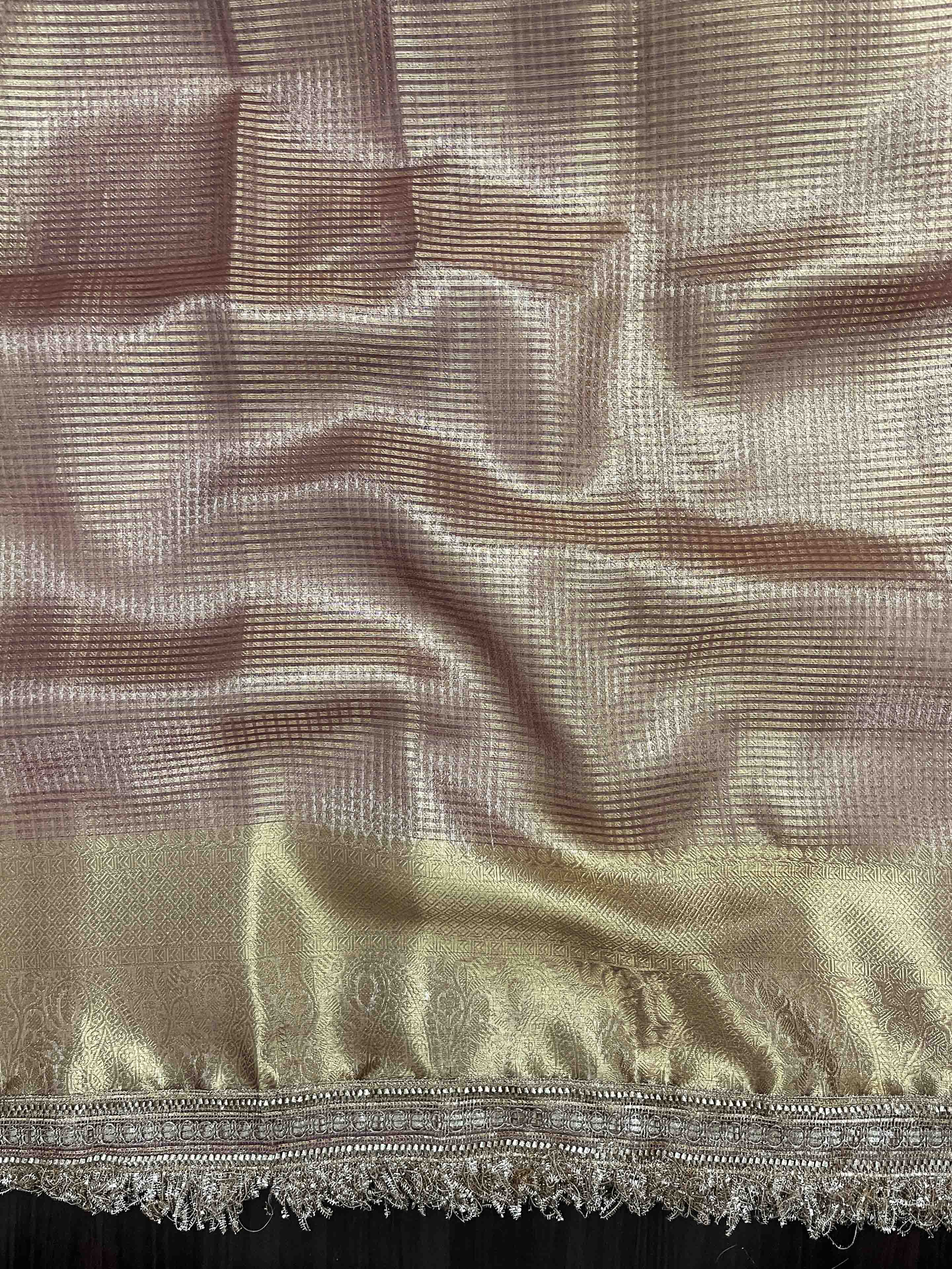 Banarasee Handwoven Tissue Saree With Zari Checks Design Broad Border & Lace-Peachy Pink