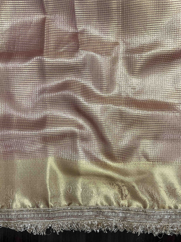 Banarasee Handwoven Tissue Saree With Zari Checks Design Broad Border & Lace-Peachy Pink