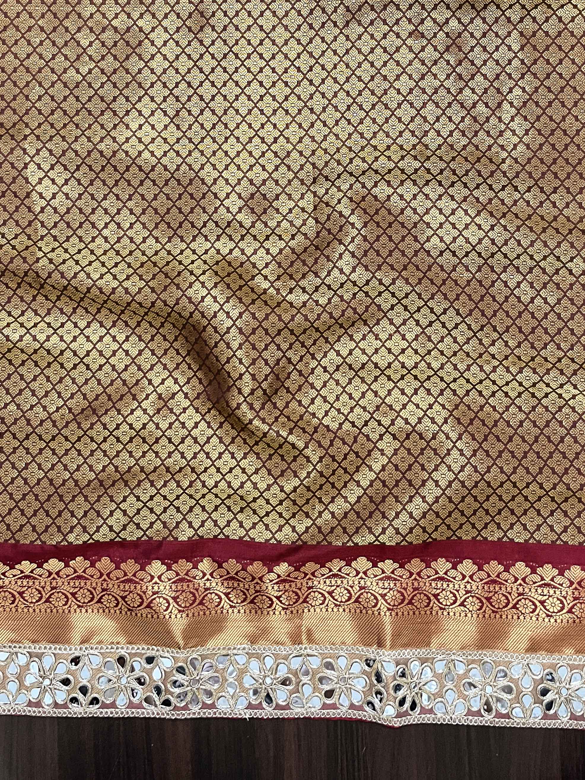 Banarasee Handwoven Tissue Saree With Zari Weaving Stripes Contrast Border & Lace-Rust & Maroon