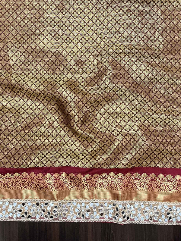 Banarasee Handwoven Tissue Saree With Zari Weaving Stripes Contrast Border & Lace-Rust & Maroon