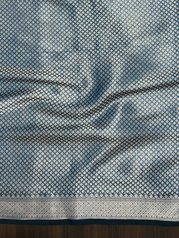 Banarasee Cotton Silk Plain Saree With Floral Zari Border-Ocean Blue