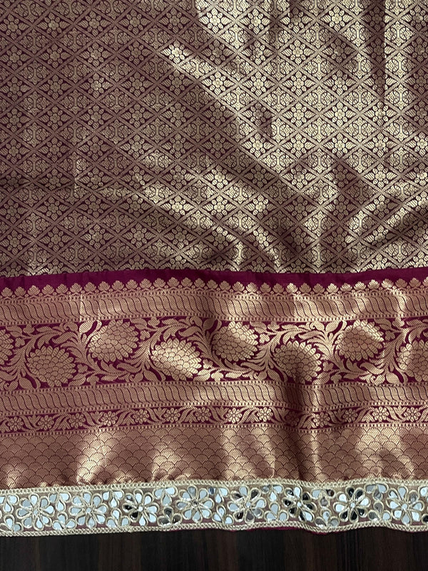 Banarasee Handwoven Tissue Saree With Zari Jaal Design Contrast Border & Lace-Magenta(Dual Tone)