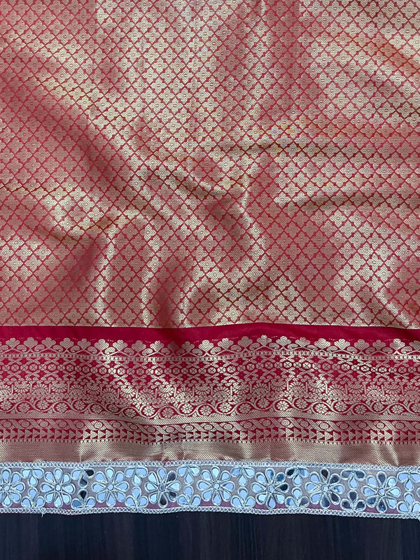 Banarasee Handwoven Tissue Saree With Zari Weaving Stripes Contrast Border & Lace-Pink(Dual Tone)