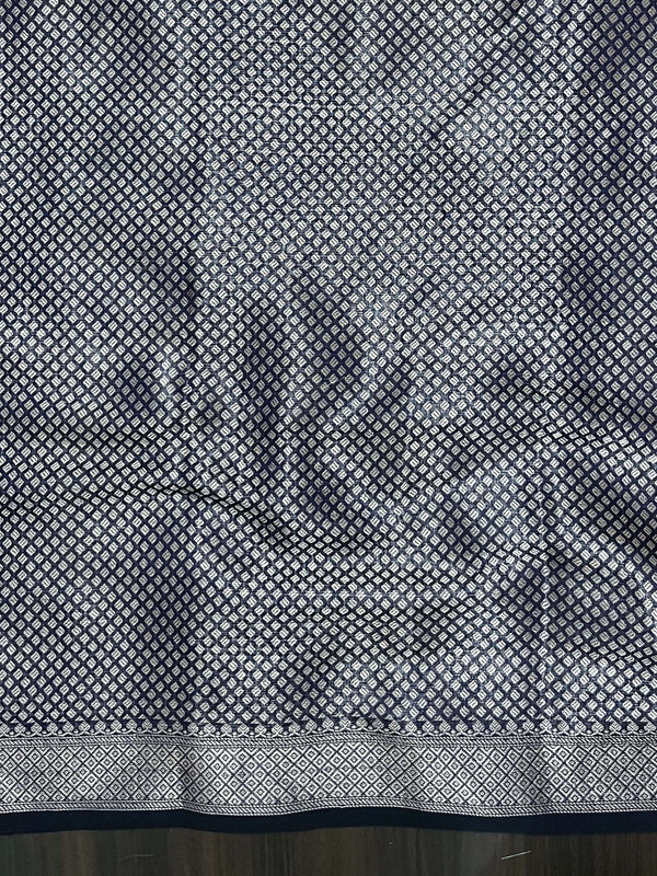 Banarasee Cotton Silk Plain Saree With Floral Zari Border-Navy Blue