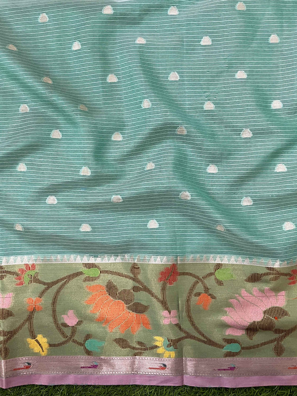 Banarasee Kota Checks Tissue Saree With Zari & Thread Embroidery & Contrast Border-Mint Green