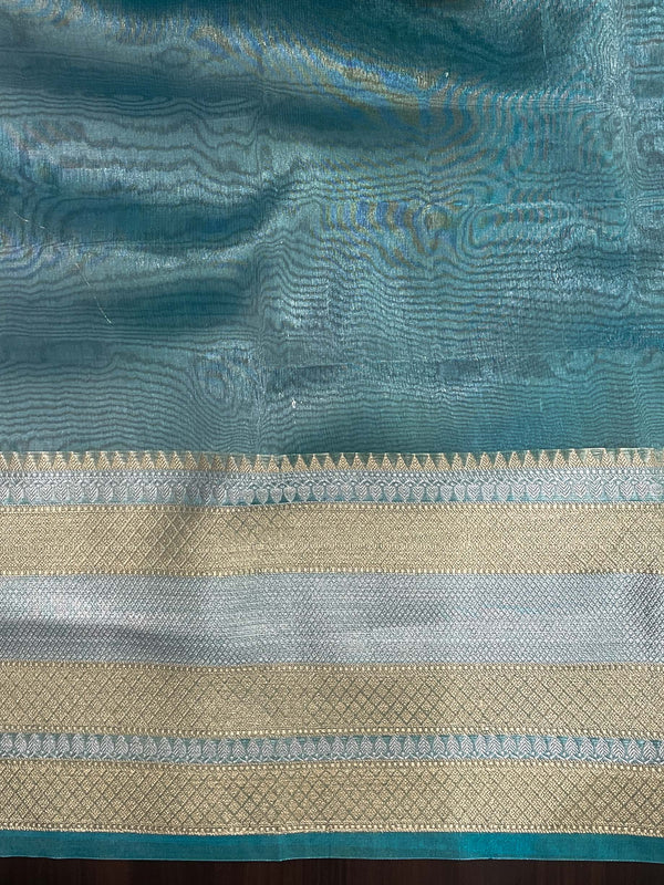 Banarasee Handwoven Dual Shade Plain Tissue Saree With Broad Zari Border & Lace-Green