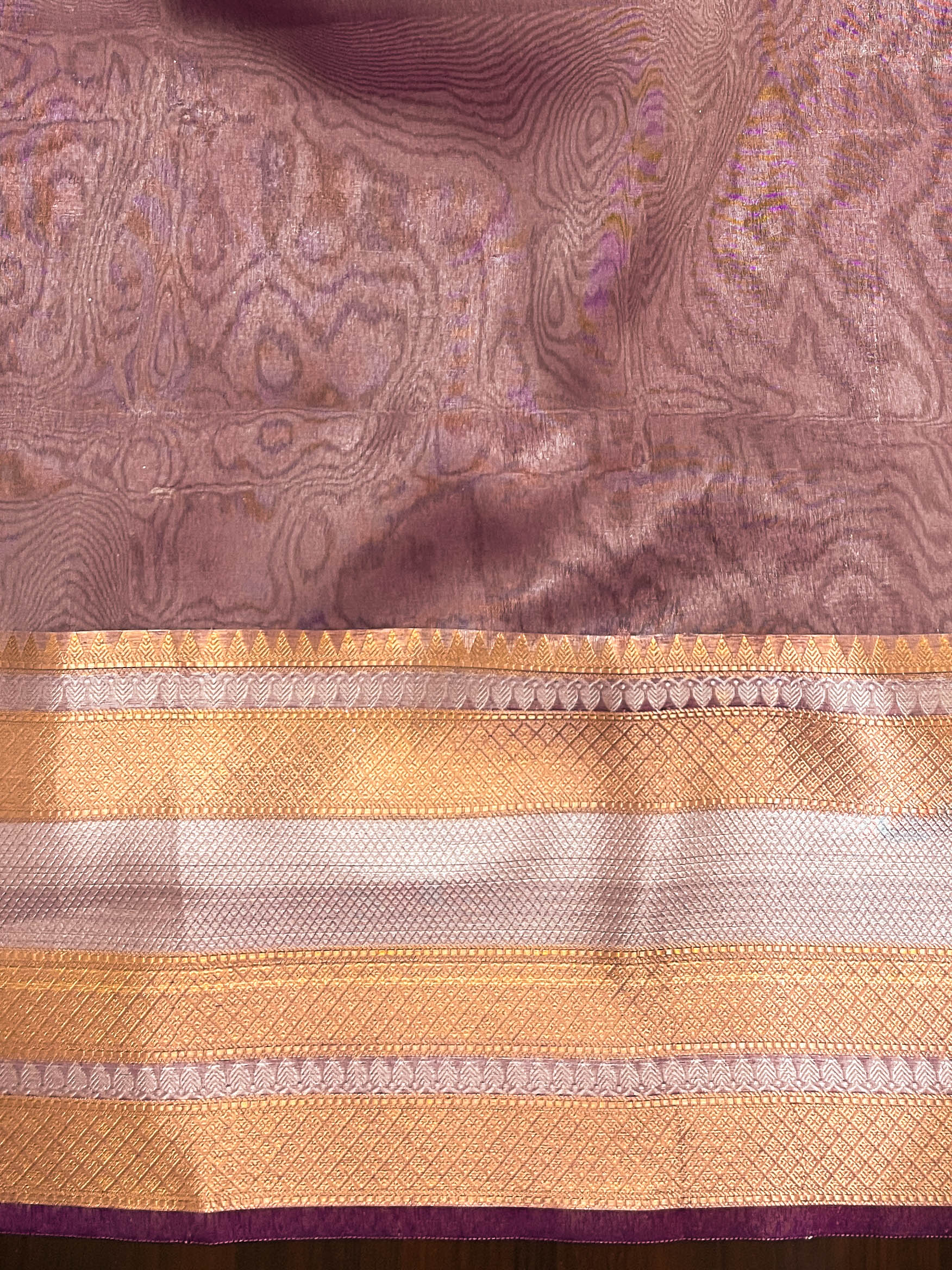 Banarasee Handwoven Dual Shade Plain Tissue Saree With Broad Zari Border & Lace-Rust