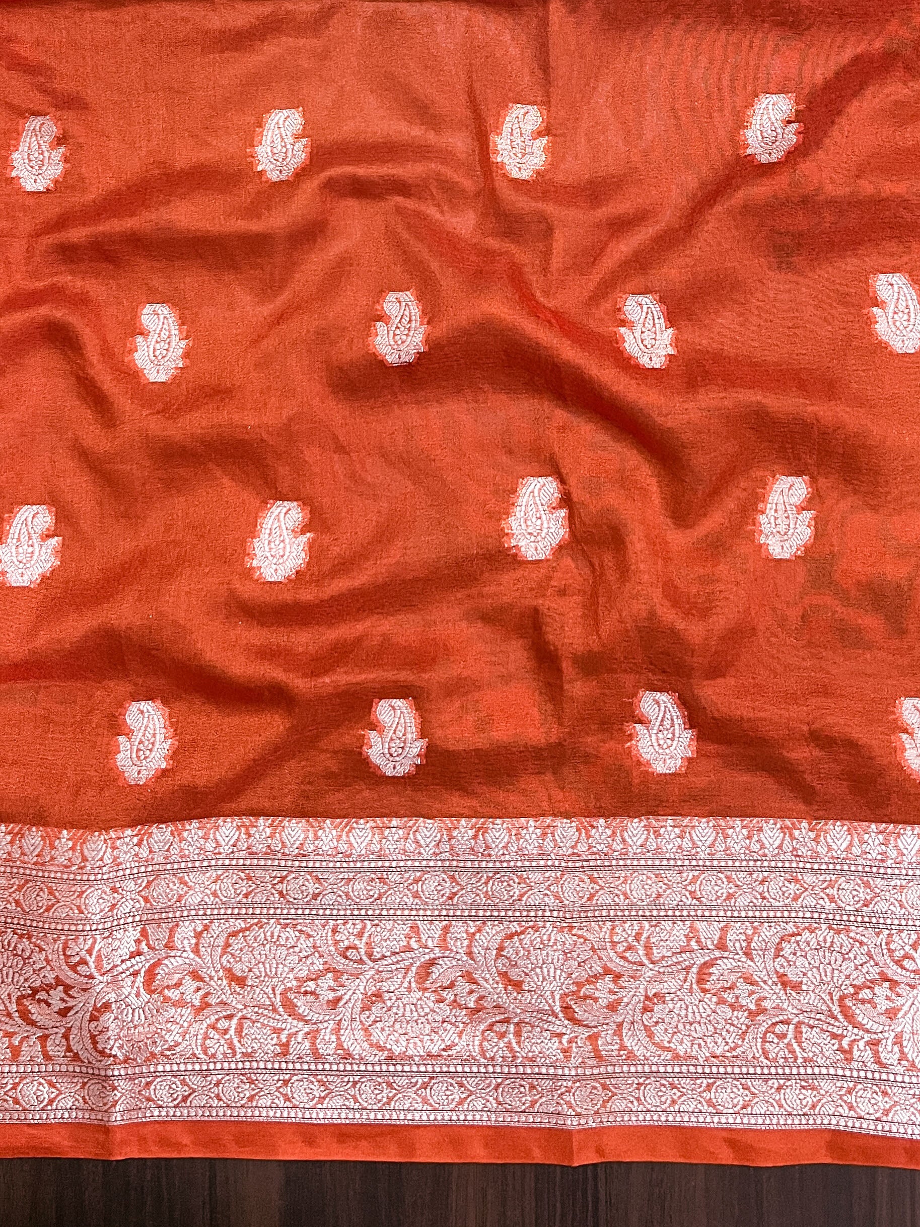 Banarasee Handwoven Semi Chiffon Saree With Zari Buti Work & Contrast Border-Pink & Orange