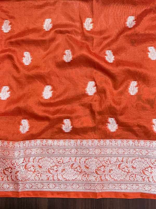 Banarasee Handwoven Semi Chiffon Saree With Zari Buti Work & Contrast Border-Pink & Orange