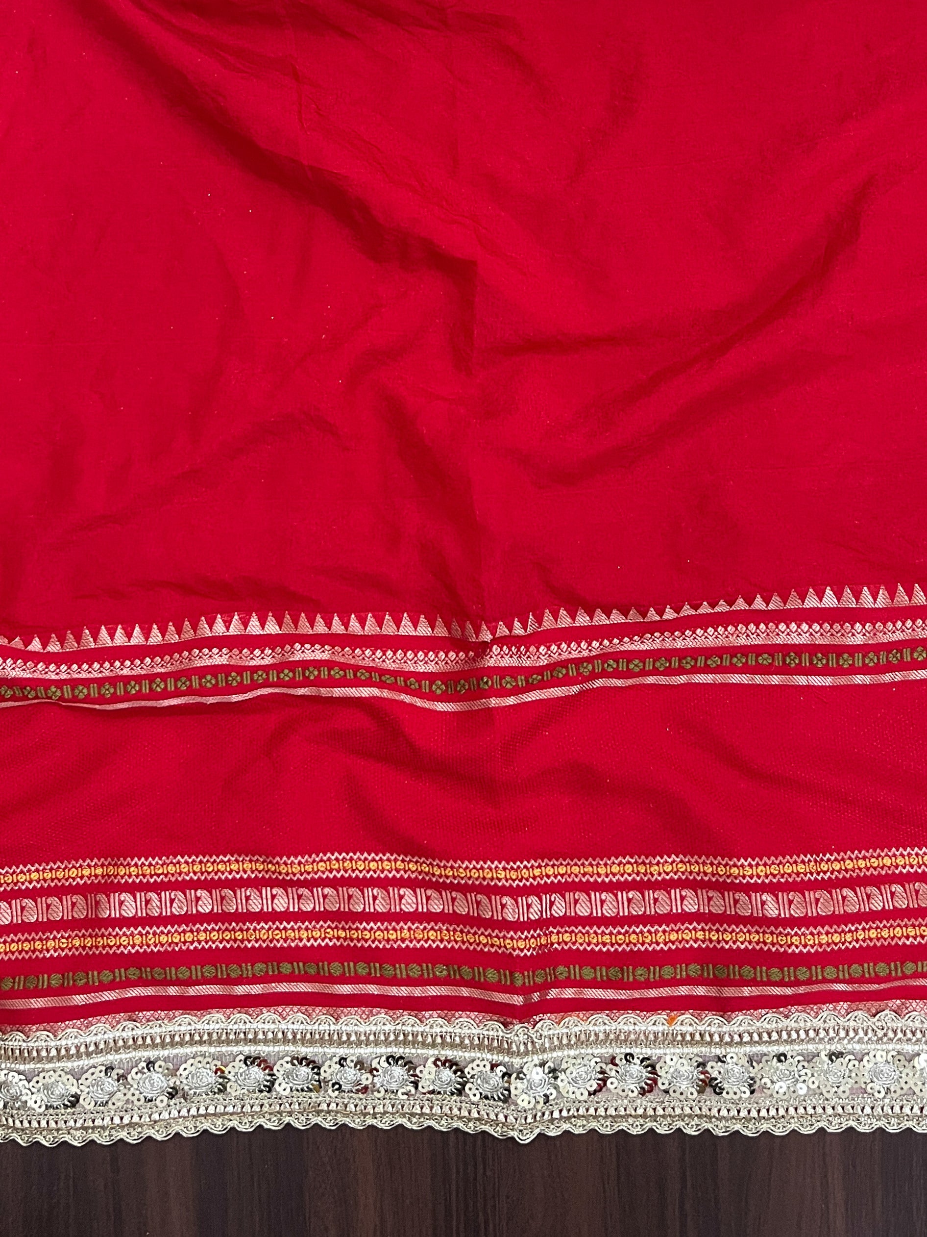 Banarasee Handloom Semi Silk Saree With Swarovski Work Border & Lace-Red