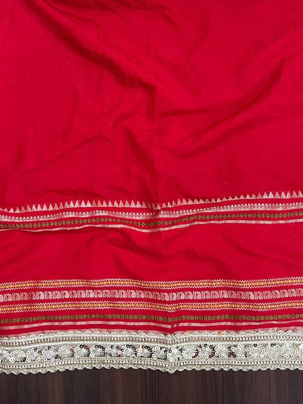 Banarasee Handloom Semi Silk Saree With Swarovski Work Border & Lace-Red