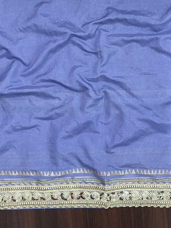 Banarasee Handloom Semi Silk Saree With Swarovski Work Border & Lace-Light Blue