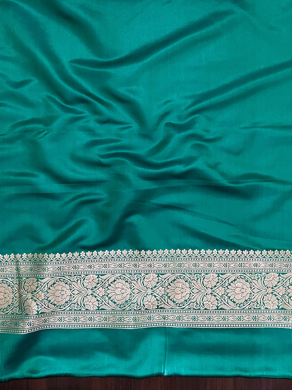 Banarasee Handwoven Semi Katan Saree With Tanchoi Work & Gold Zari Border-Emerald Green