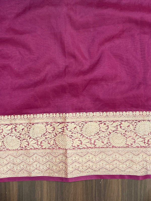 Banarasee Handwoven Plain Tissue Saree With Broad Zari Border & Lace-Dark Magenta