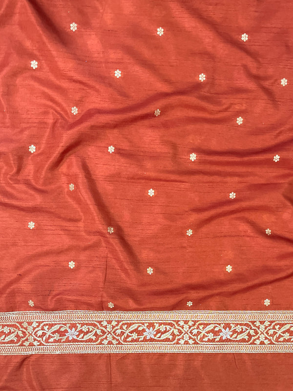 Banarasee Handloom Semi Silk Saree With Sona Rupa Zari Work & Border-Rust