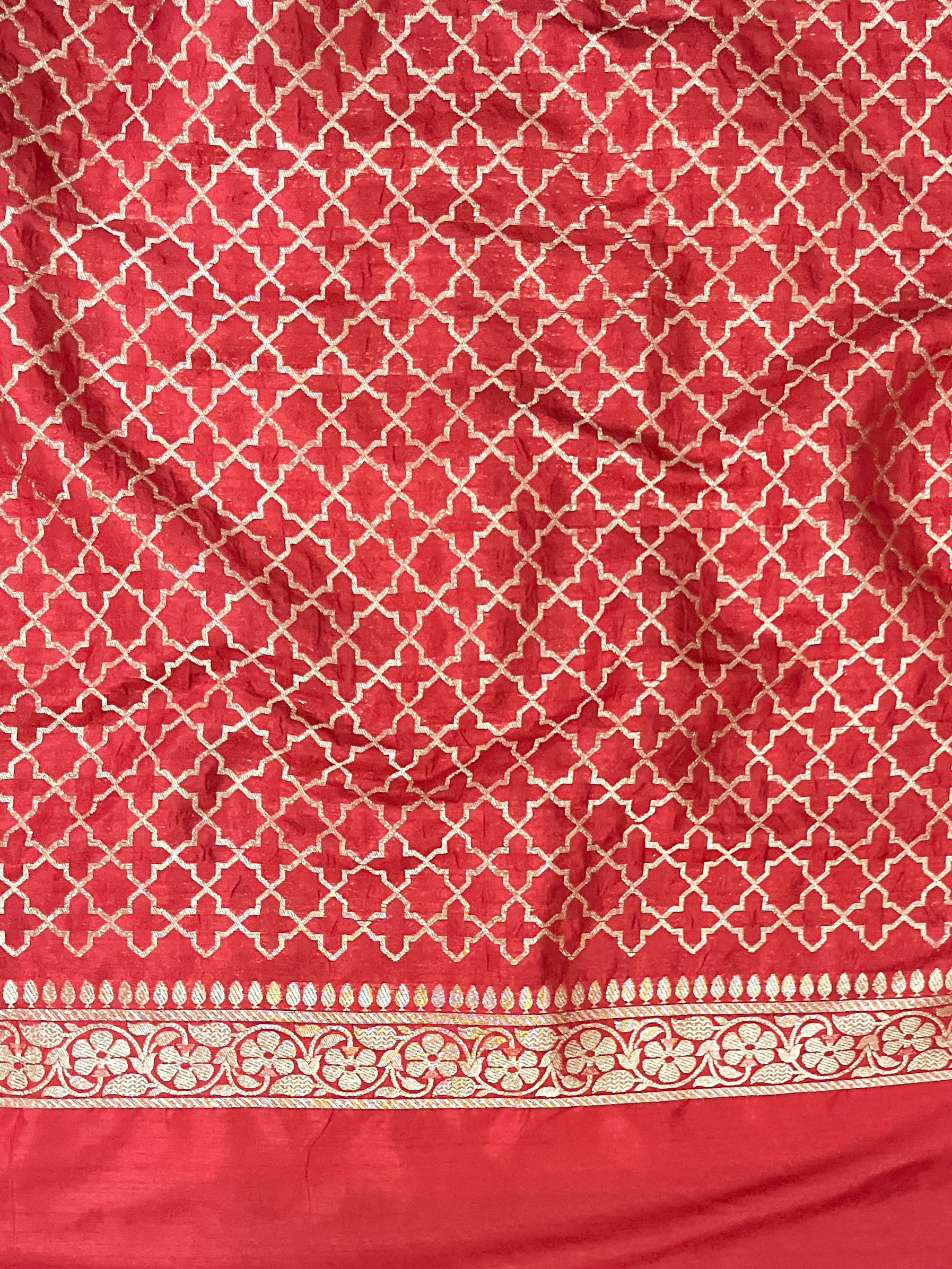 Banarasee Handloom Semi Silk Saree With Zari Buti Work & Floral Border-Red