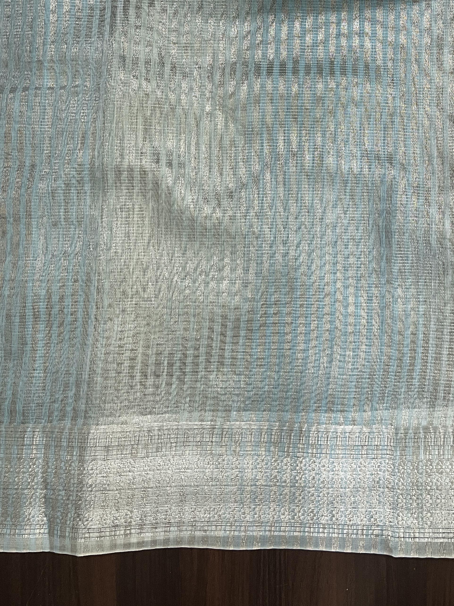 Banarasee Handloom Linen Tissue Saree With Silver Zari Stripes & Border-Light Blue