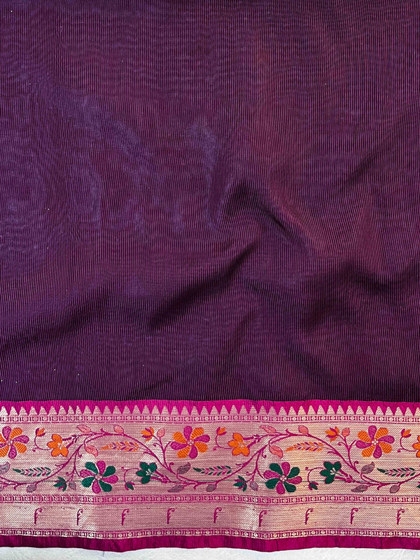 Banarasee Handloom Tissue Saree With Buti Design Contrast Border & Lace-Purple