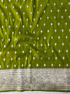 Banarasee Handwoven Plain Semi Katan Saree With Broad Zari Border-Lime Green
