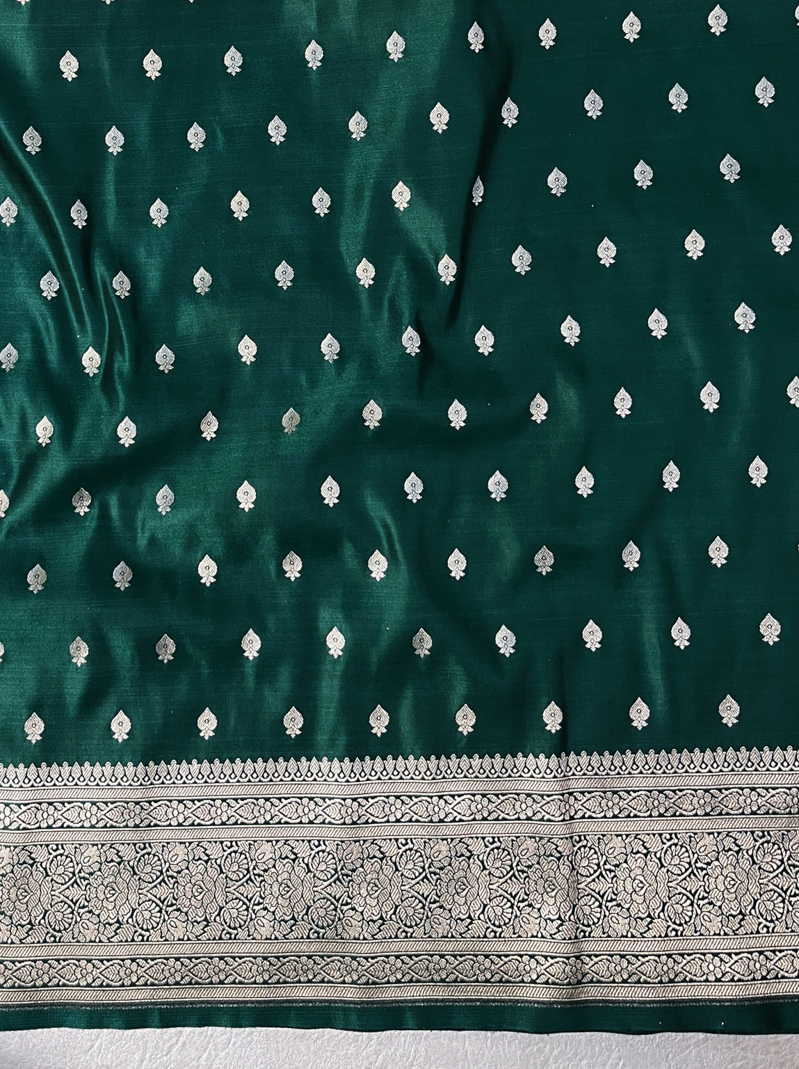 Banarasee Handwoven Plain Semi Katan Saree With Broad Zari Border-Deep Green