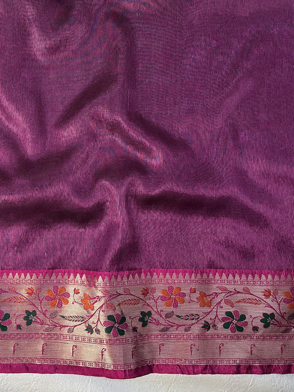 Banarasee Handloom Tissue Saree With Buti Design Contrast Border & Lace-Black