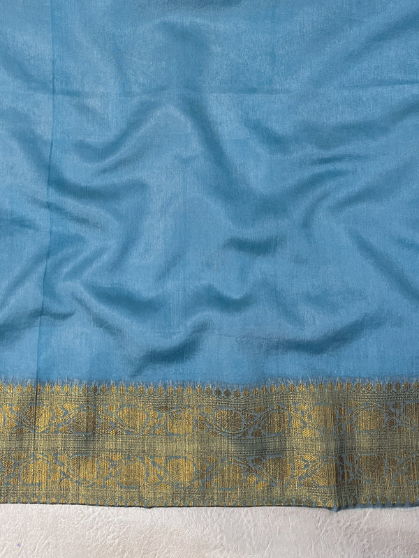 Banarasee Handwoven Georgette Saree With Antique Zari Jaal Design & Floral Border-Pastel Blue